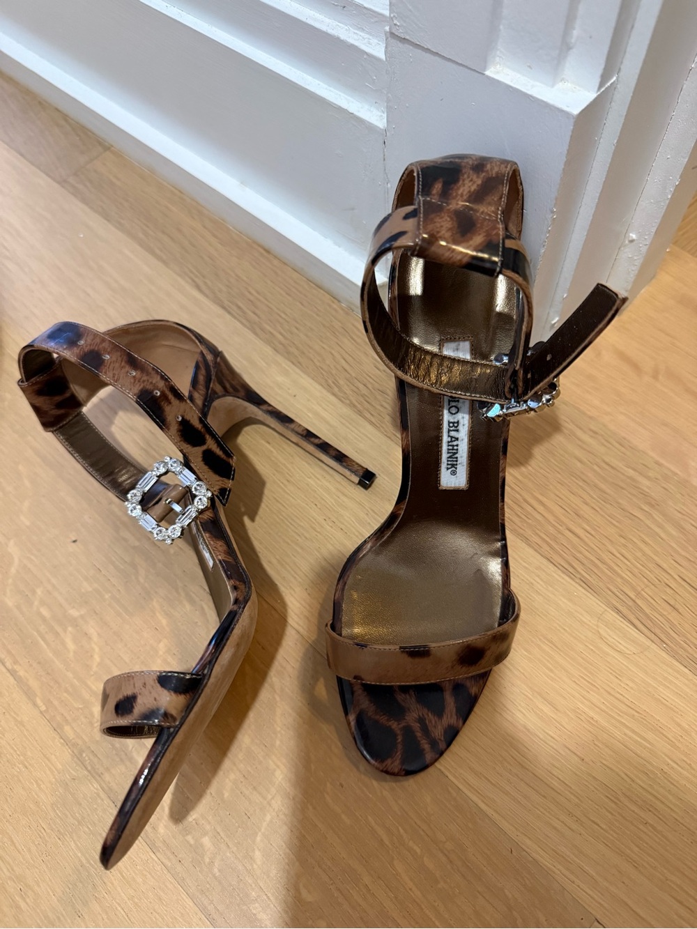 Manolo Blahnik Brown Animal Print Crystal Buckle Heels Sandals 36.5